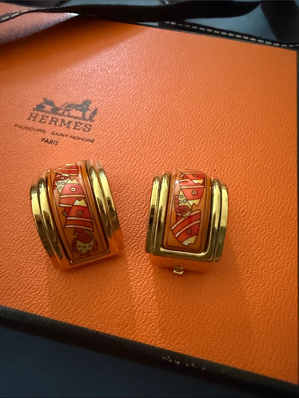 Hermes Gold and Orange Enamel and Metal Clip-on Earrings - Picture 5 of 8